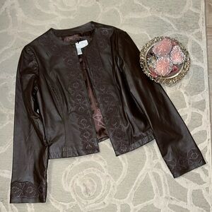 NWOT🌷LIVE A LITTLE🌷Brown embroidered look leather pvc coated lined jacket